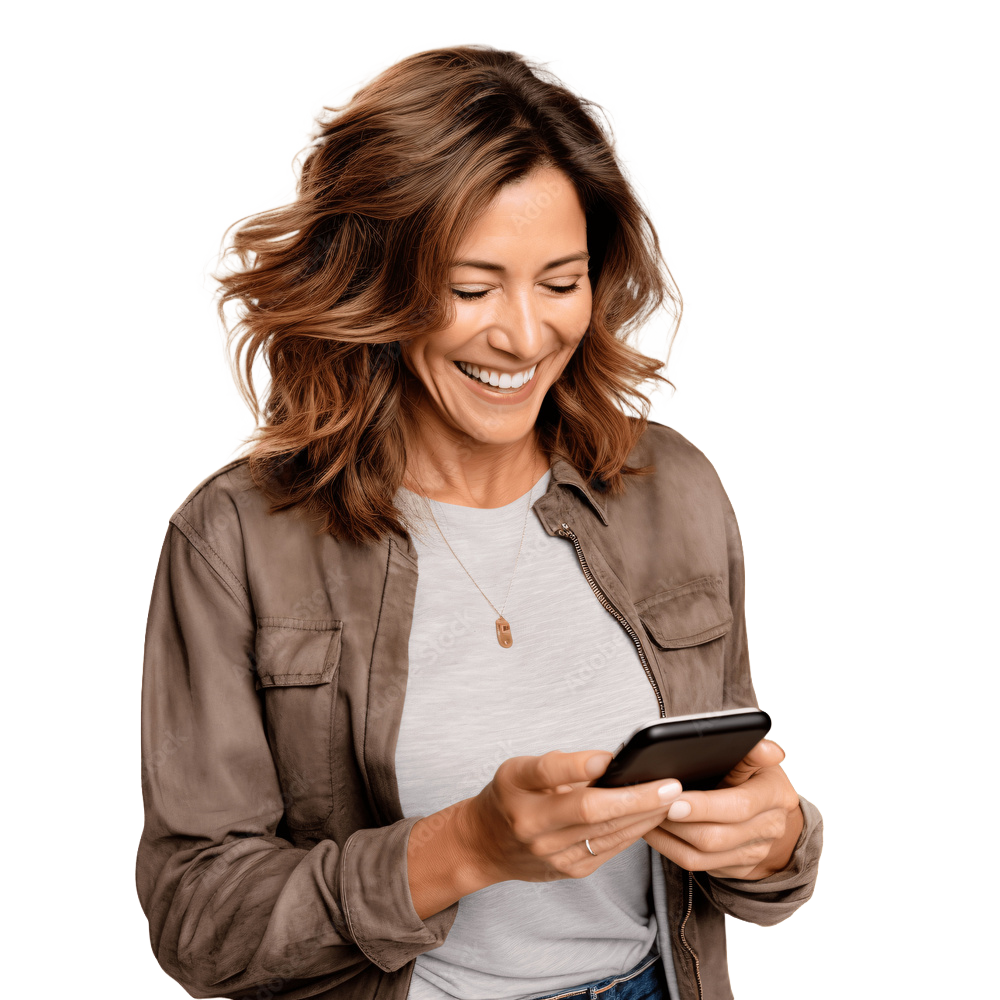 Charity shop volunteer smiling while using Listopia on her phone